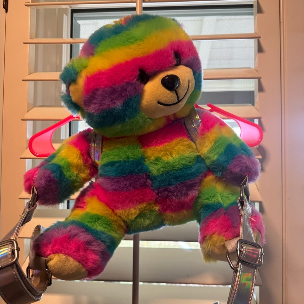 Rainbow holographic teddy bear mini backpack with adjustable straps!